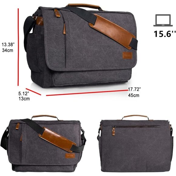 Men’s Grey Canvas Water Resistant Messenger Bag 15.6” Laptop Shoulder Bag - Picture 9 of 12